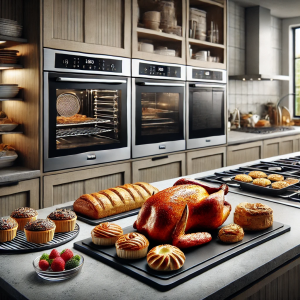 DALL·E 2024-08-28 14.25.35 - A realistic kitchen scene featuring a variety of baked goods and roasted meats on a sleek, modern countertop. The setting includes items like freshly